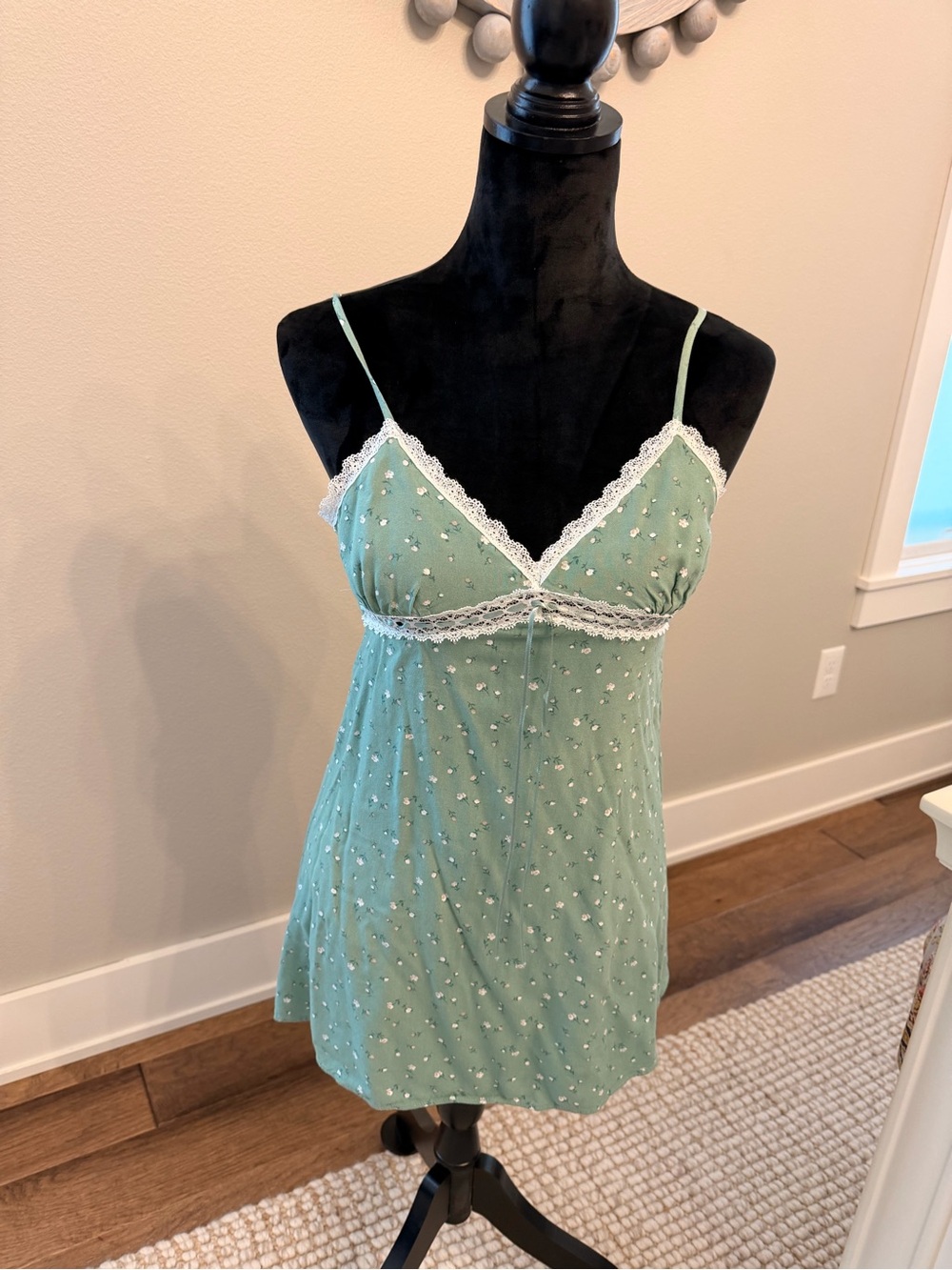 Hollister Sage Green Lace-Trim Spaghetti Strap Mini Dress